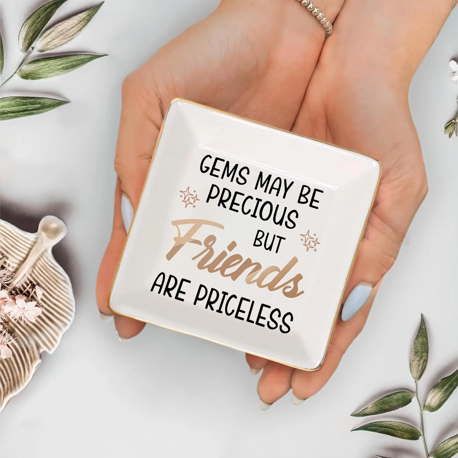 Gossby Personalized Ceramic Jewelry Tray - Gifts For Women Best Friend - Custom Tray, Dish, Plate For Ring, Earring, Bracelet - Custom Bestie Gifts For Birthday, Christmas - Gems May Be Precious
