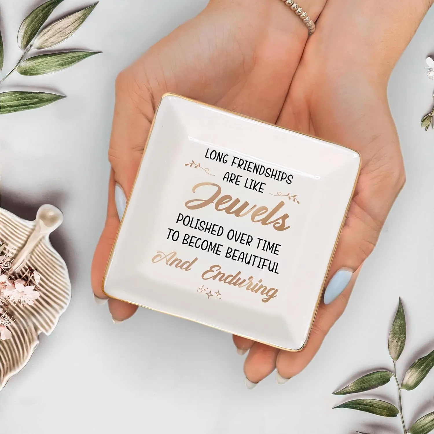Gossby Personalized Ceramic Jewelry Tray - Gifts For Women Best Friend - Custom Tray, Dish, Plate For Ring, Earring - Custom Bestie Gifts For Birthday, Christmas - Long Friendships Are Like Jewels
