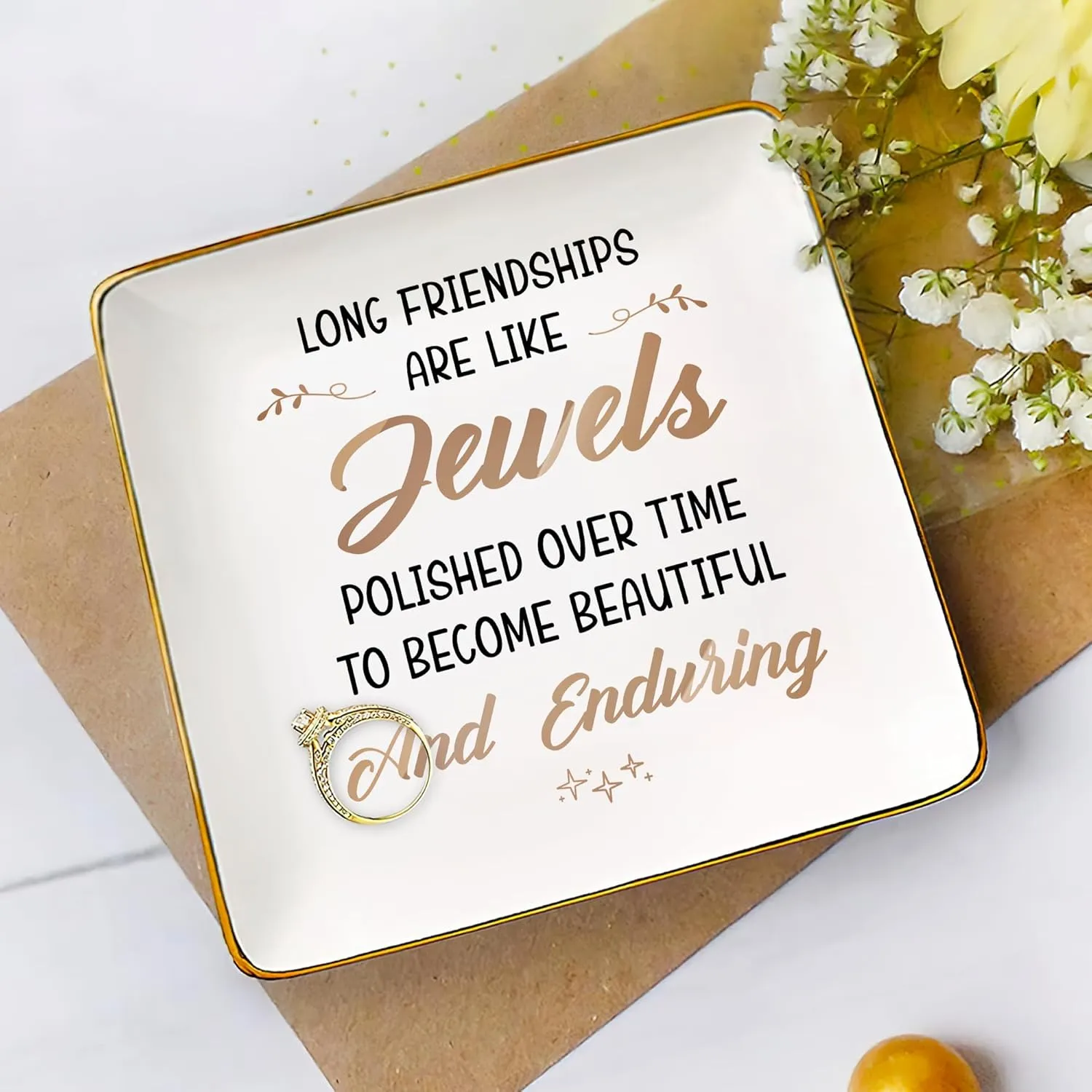 Gossby Personalized Ceramic Jewelry Tray - Gifts For Women Best Friend - Custom Tray, Dish, Plate For Ring, Earring - Custom Bestie Gifts For Birthday, Christmas - Long Friendships Are Like Jewels