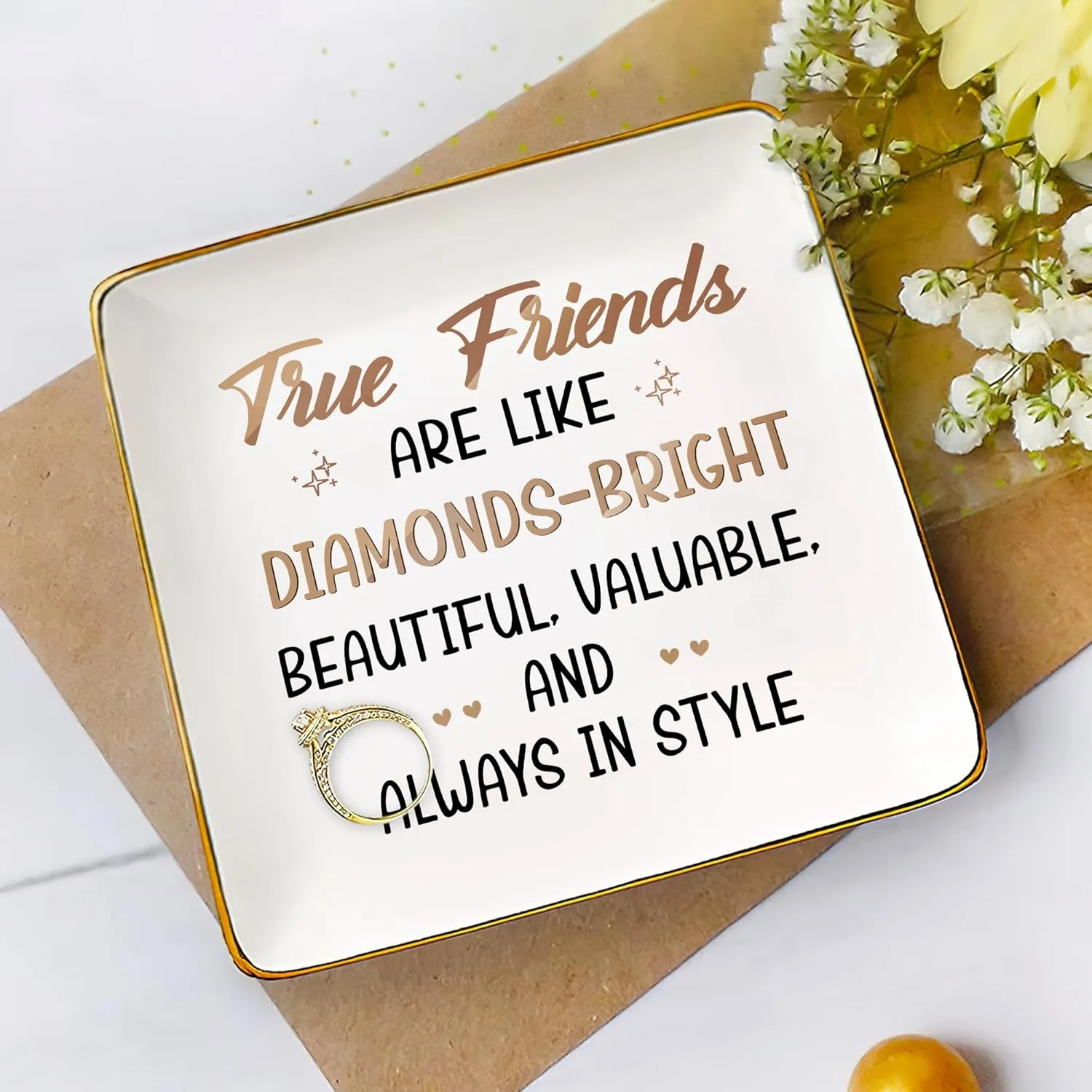 Gossby Personalized Jewelry Tray - Gifts for Women Best Friend - Custom Tray, Dish, Plate for Ring, Earring, Bracelet - Bestie Gifts for Birthday, Christmas - True Friends are Like Diamonds-Bright