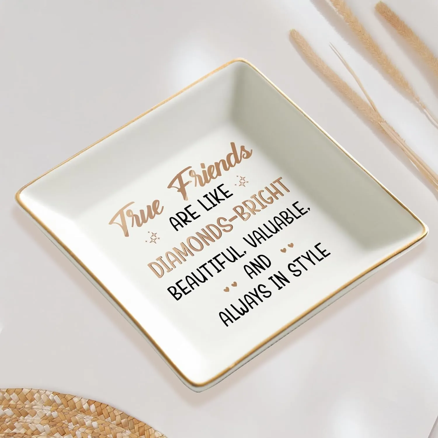 Gossby Personalized Jewelry Tray - Gifts for Women Best Friend - Custom Tray, Dish, Plate for Ring, Earring, Bracelet - Bestie Gifts for Birthday, Christmas - True Friends are Like Diamonds-Bright