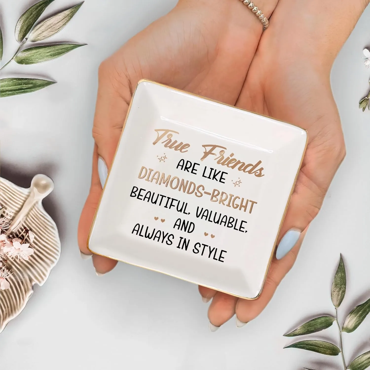 Gossby Personalized Jewelry Tray - Gifts for Women Best Friend - Custom Tray, Dish, Plate for Ring, Earring, Bracelet - Bestie Gifts for Birthday, Christmas - True Friends are Like Diamonds-Bright