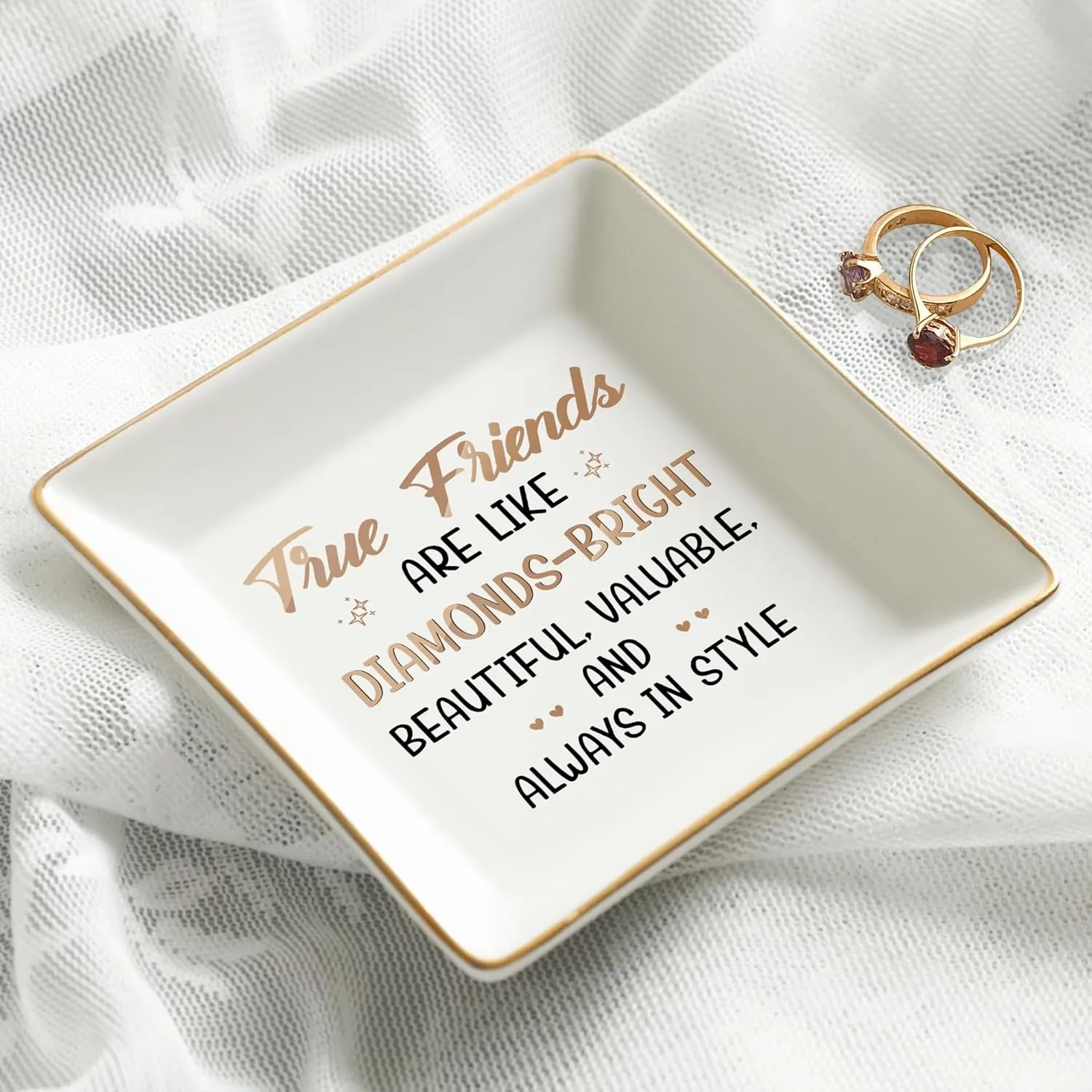Gossby Personalized Jewelry Tray - Gifts for Women Best Friend - Custom Tray, Dish, Plate for Ring, Earring, Bracelet - Bestie Gifts for Birthday, Christmas - True Friends are Like Diamonds-Bright