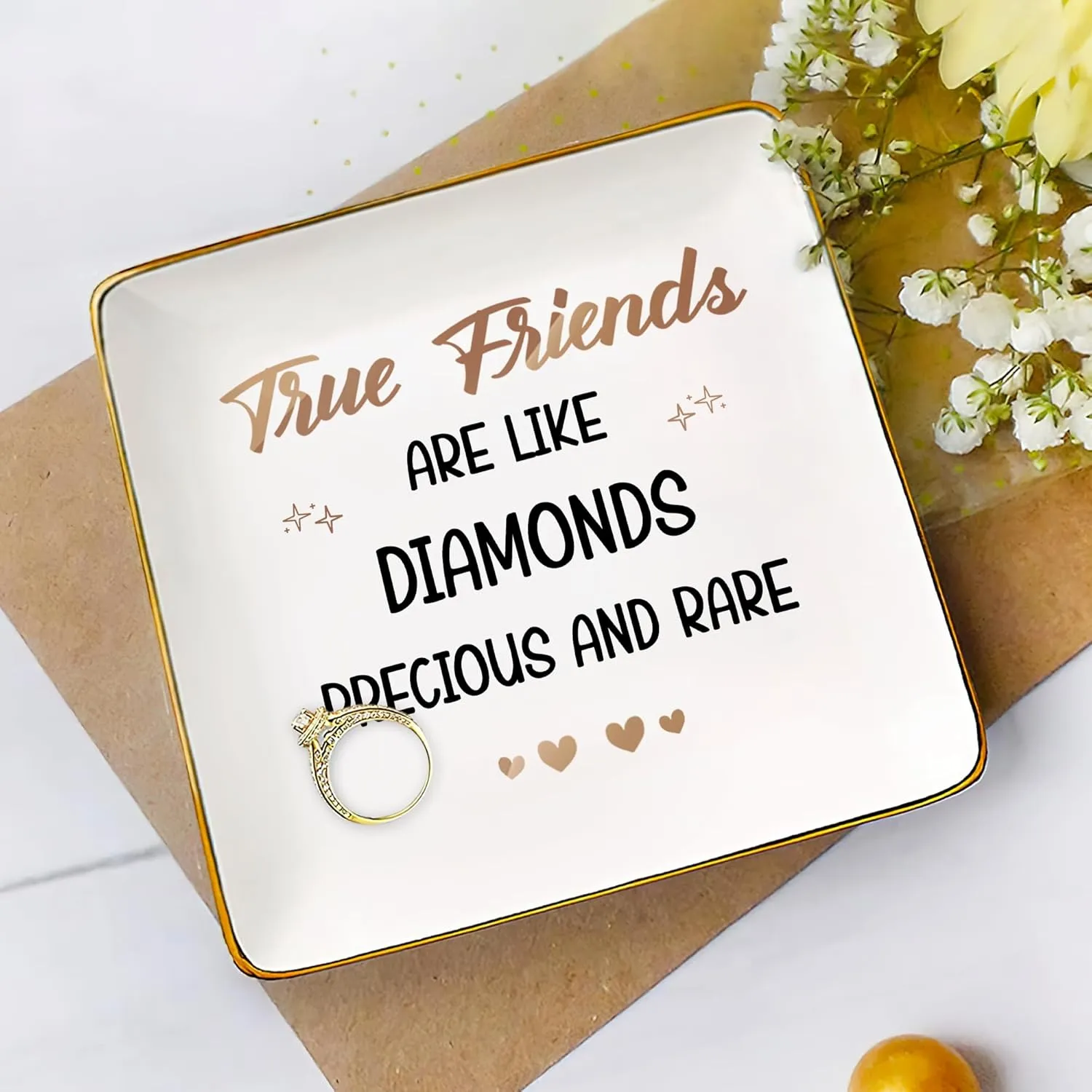 Gossby Personalized Jewelry Tray - Gifts For Women Best Friend - Custom Tray, Dish, Plate For Ring, Earring, Bracelet - Bestie Gifts For Birthday, Christmas - True Friends Are Like Diamonds Precious