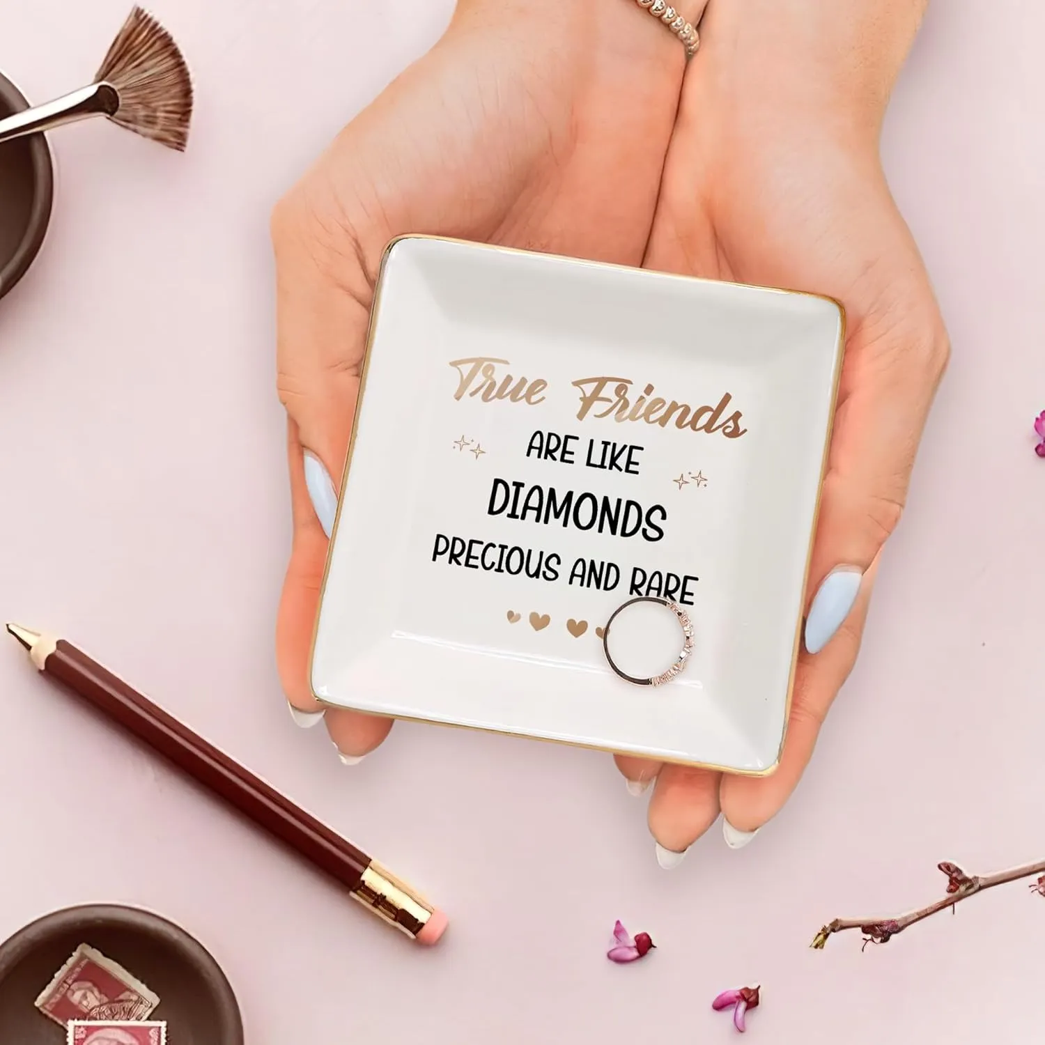 Gossby Personalized Jewelry Tray - Gifts For Women Best Friend - Custom Tray, Dish, Plate For Ring, Earring, Bracelet - Bestie Gifts For Birthday, Christmas - True Friends Are Like Diamonds Precious