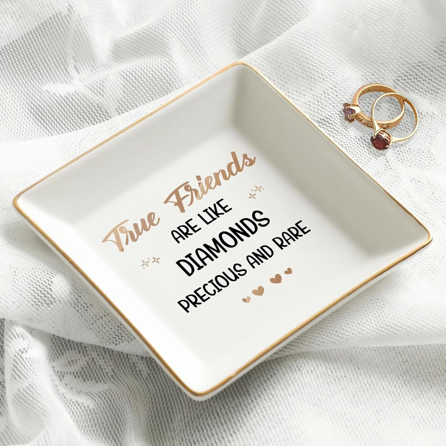 Gossby Personalized Jewelry Tray - Gifts For Women Best Friend - Custom Tray, Dish, Plate For Ring, Earring, Bracelet - Bestie Gifts For Birthday, Christmas - True Friends Are Like Diamonds Precious