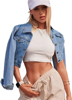 Grabsa Women's Button Down Long Sleeve Cropped Denim Jean Jacket with Pockets