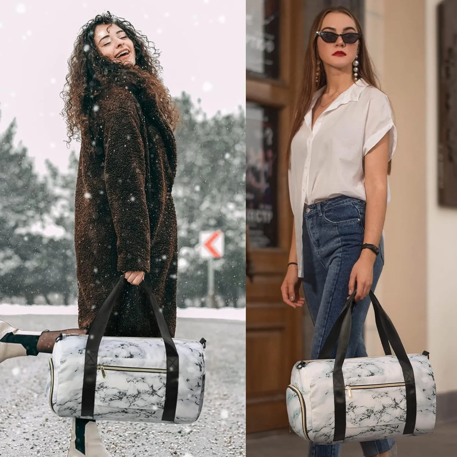 Gym Bag for Women with Shoe Compartment Waterproof, Sports Duffle Bag for Travel Duffel Weekender Carry on Beach Yoga Overnight Luggage Mommy Maternity Hospital Bag Marble 17.5 Inch