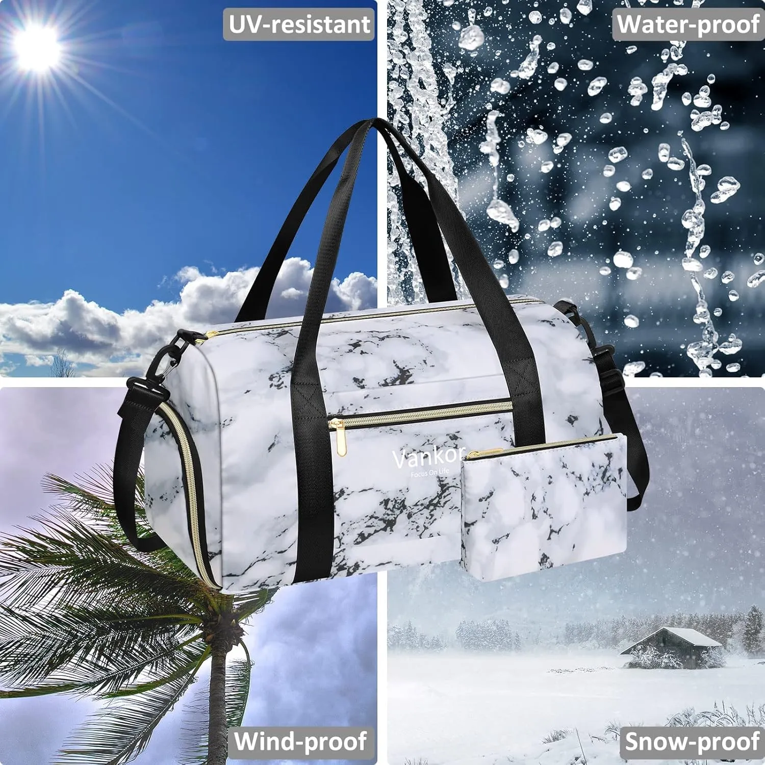 Gym Bag for Women with Shoe Compartment Waterproof, Sports Duffle Bag for Travel Duffel Weekender Carry on Beach Yoga Overnight Luggage Mommy Maternity Hospital Bag Marble 17.5 Inch