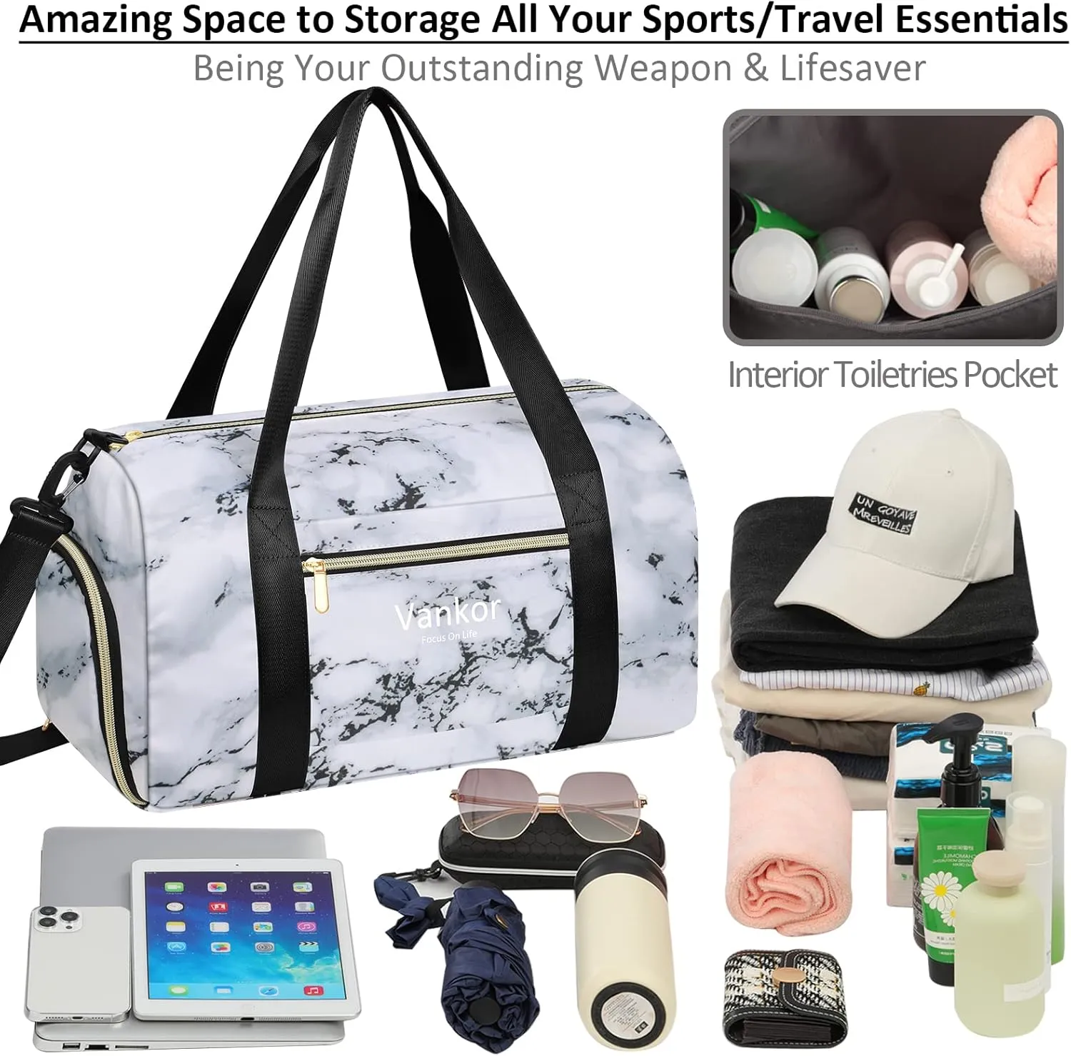 Gym Bag for Women with Shoe Compartment Waterproof, Sports Duffle Bag for Travel Duffel Weekender Carry on Beach Yoga Overnight Luggage Mommy Maternity Hospital Bag Marble 17.5 Inch