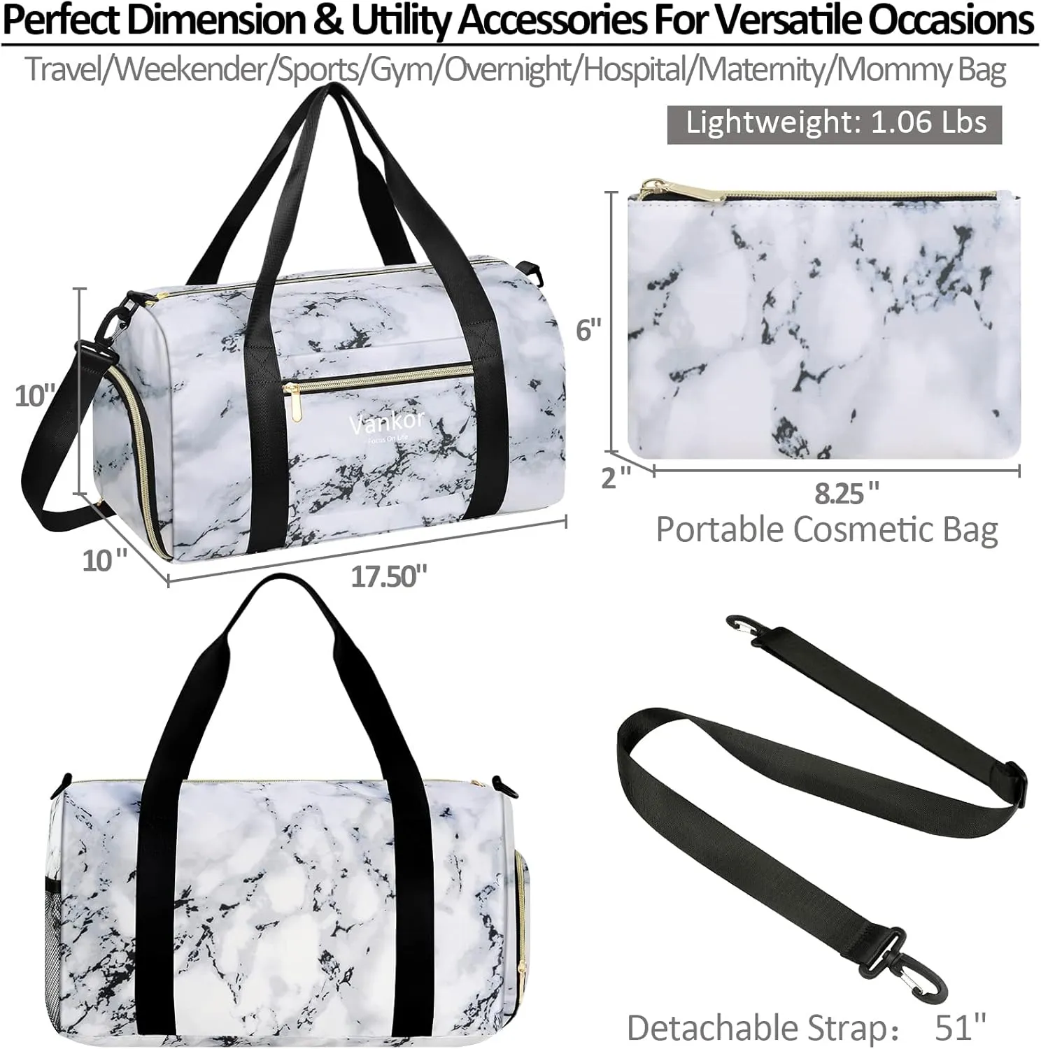 Gym Bag for Women with Shoe Compartment Waterproof, Sports Duffle Bag for Travel Duffel Weekender Carry on Beach Yoga Overnight Luggage Mommy Maternity Hospital Bag Marble 17.5 Inch