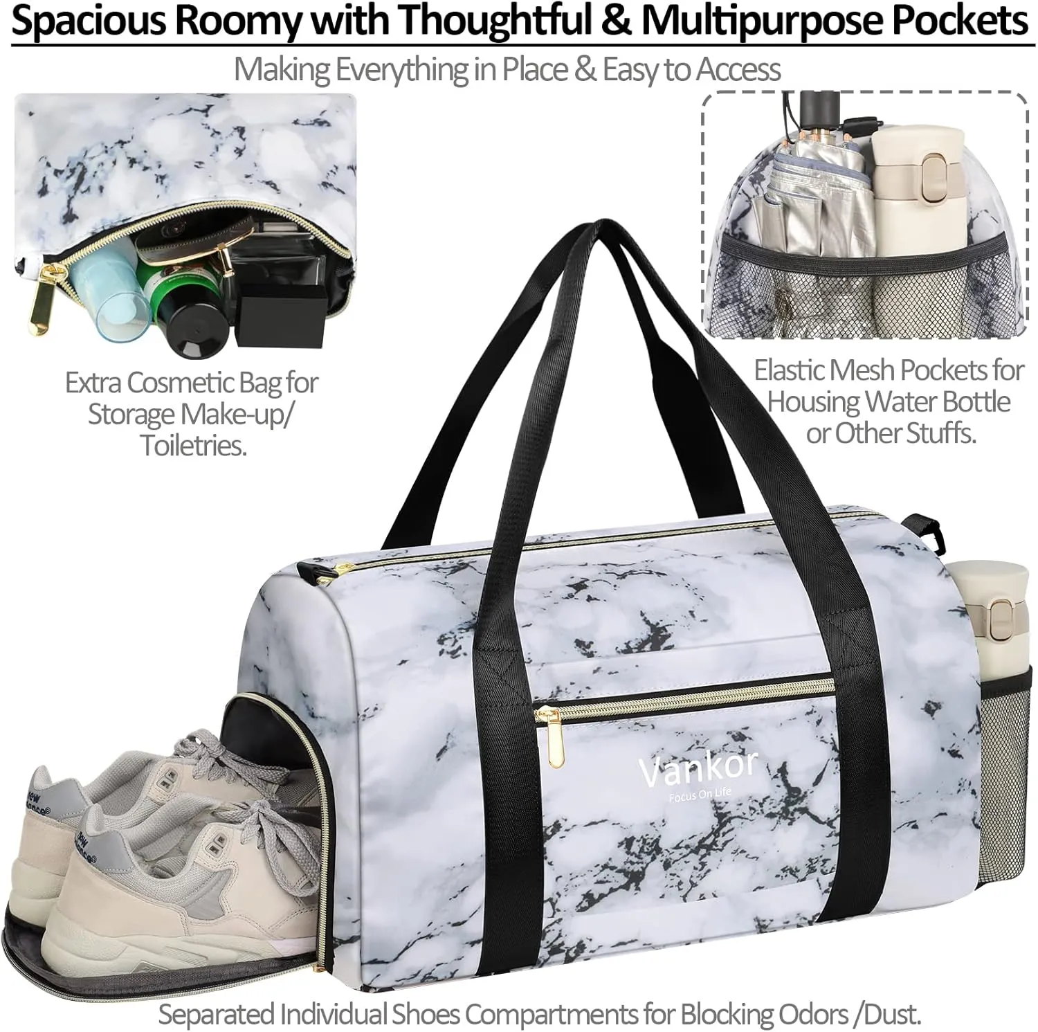 Gym Bag for Women with Shoe Compartment Waterproof, Sports Duffle Bag for Travel Duffel Weekender Carry on Beach Yoga Overnight Luggage Mommy Maternity Hospital Bag Marble 17.5 Inch