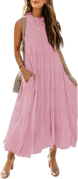 HAEOF Women's Summer Sleeveless Halter Midi Maxi Dress Casual Pleated Tiered Flowy Beach Vacation Long Dresses Sundress