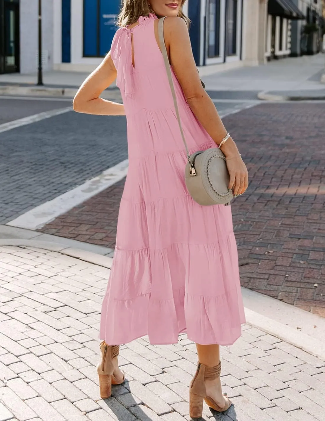HAEOF Women's Summer Sleeveless Halter Midi Maxi Dress Casual Pleated Tiered Flowy Beach Vacation Long Dresses Sundress