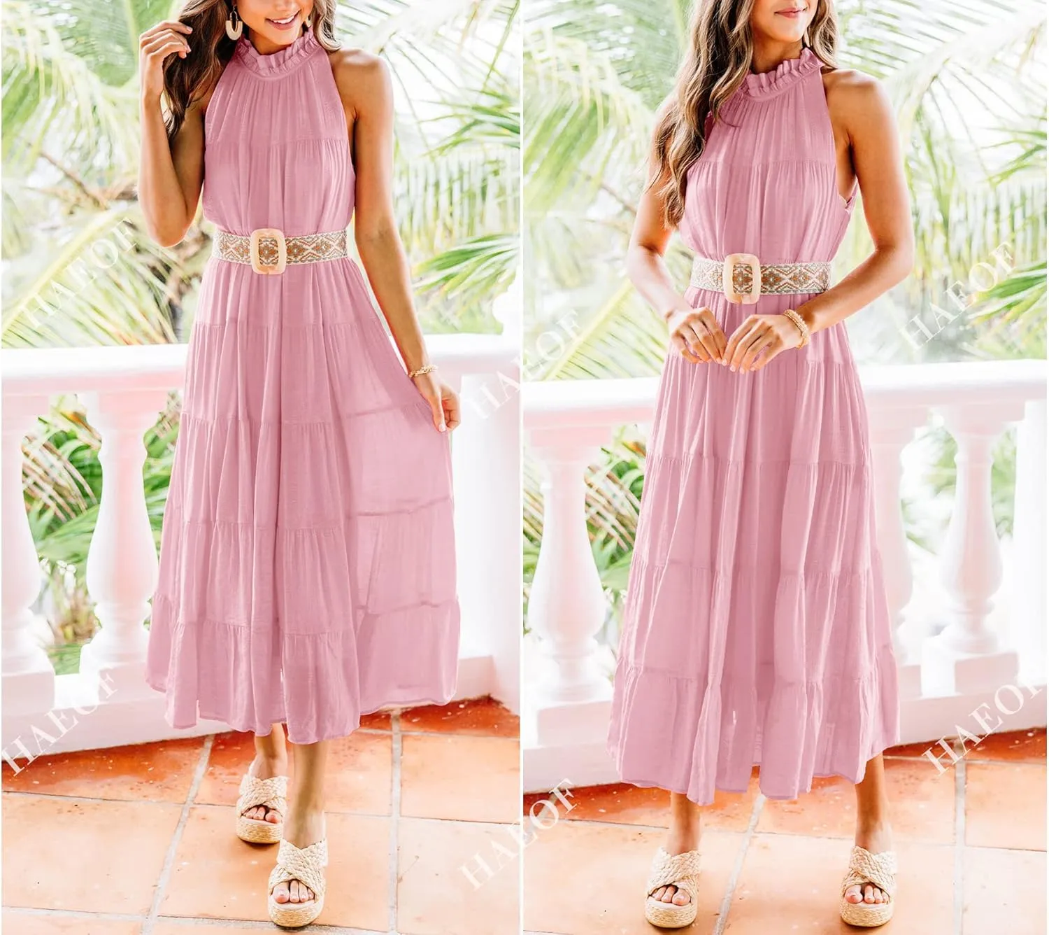 HAEOF Women's Summer Sleeveless Halter Midi Maxi Dress Casual Pleated Tiered Flowy Beach Vacation Long Dresses Sundress