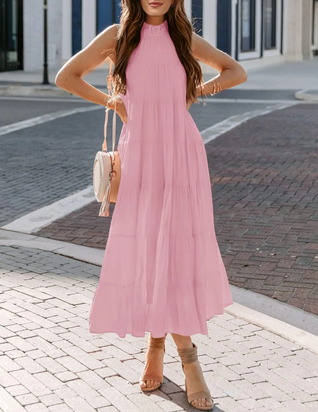 HAEOF Women's Summer Sleeveless Halter Midi Maxi Dress Casual Pleated Tiered Flowy Beach Vacation Long Dresses Sundress