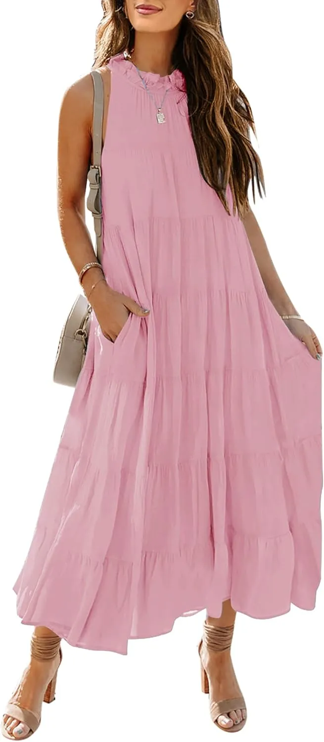 HAEOF Women's Summer Sleeveless Halter Midi Maxi Dress Casual Pleated Tiered Flowy Beach Vacation Long Dresses Sundress