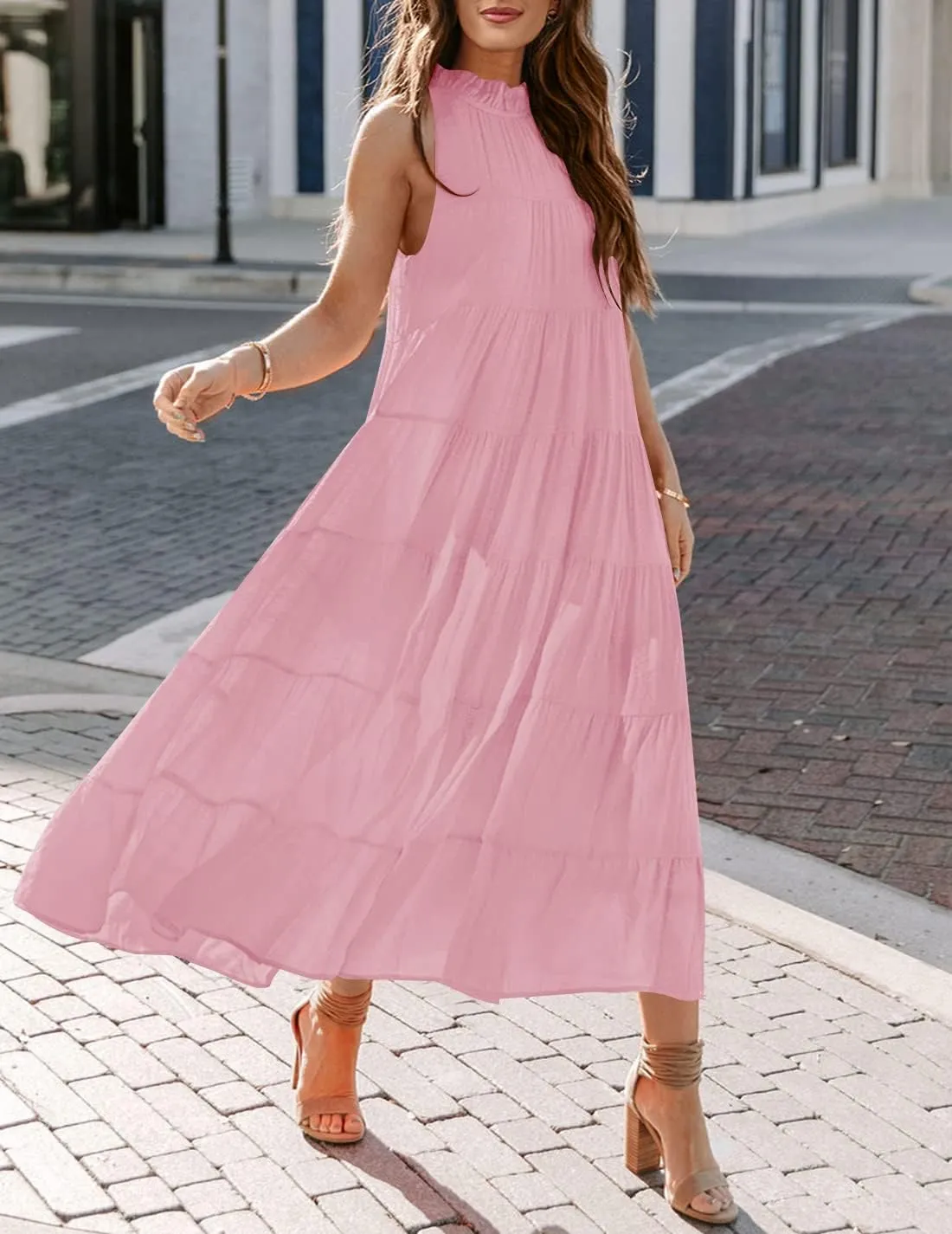 HAEOF Women's Summer Sleeveless Halter Midi Maxi Dress Casual Pleated Tiered Flowy Beach Vacation Long Dresses Sundress