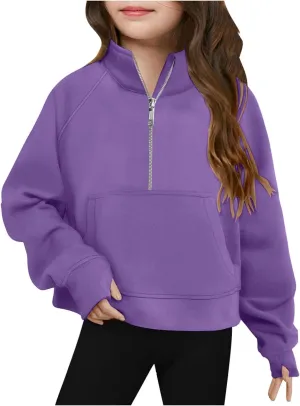 Half Zip Sweatshirt for Girls Long Sleeve Pullover Crop Tops Lightweight Fleece Spring Fall Clothes Thumb Hole