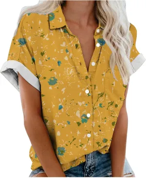 Hawaiian Shirts for Women Button Down Short Sleeve V Neck T Shirts Boho Floral Print Summer Blouses with Pockets