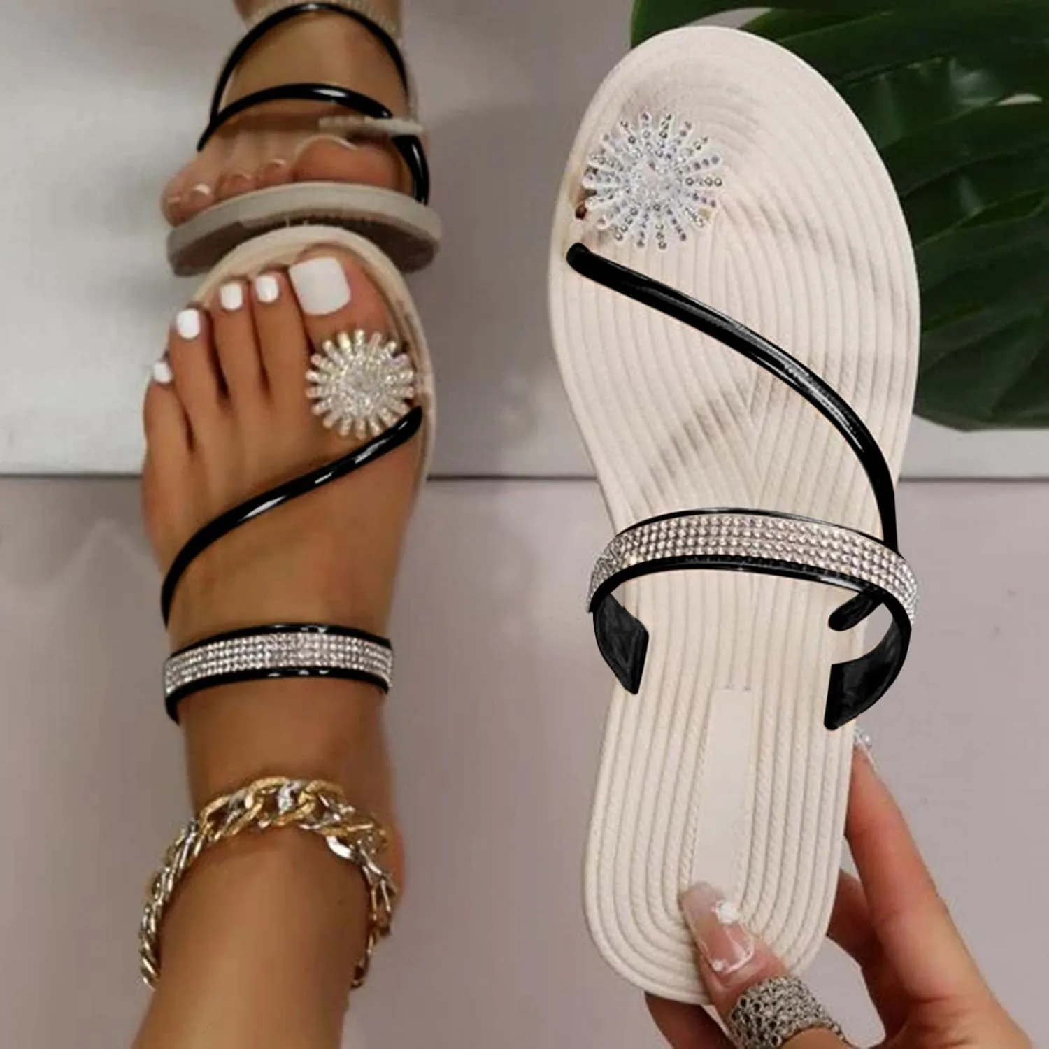 Hbeylia Women Wedding Flat Sandals,Ladies Fashion Summer Bohemian Jewelry Rhinestones Pearl Toe Ring Slip On Slippers Dressy Summer Beach Casual Thong Slides