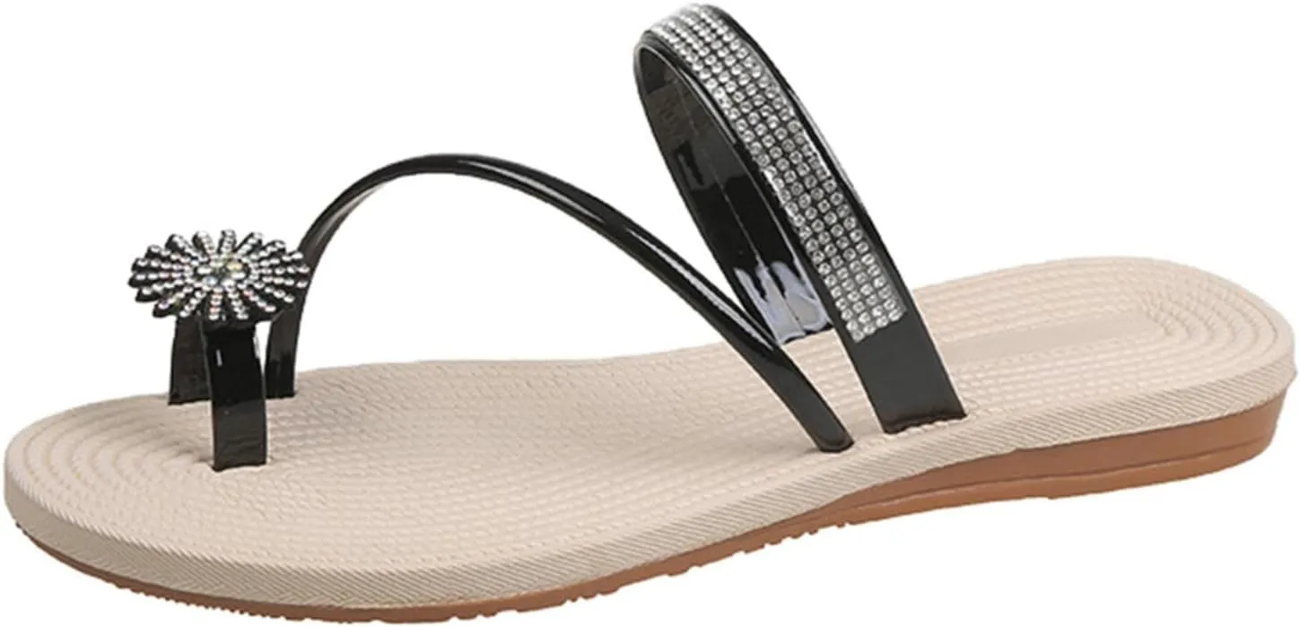 Hbeylia Women Wedding Flat Sandals,Ladies Fashion Summer Bohemian Jewelry Rhinestones Pearl Toe Ring Slip On Slippers Dressy Summer Beach Casual Thong Slides