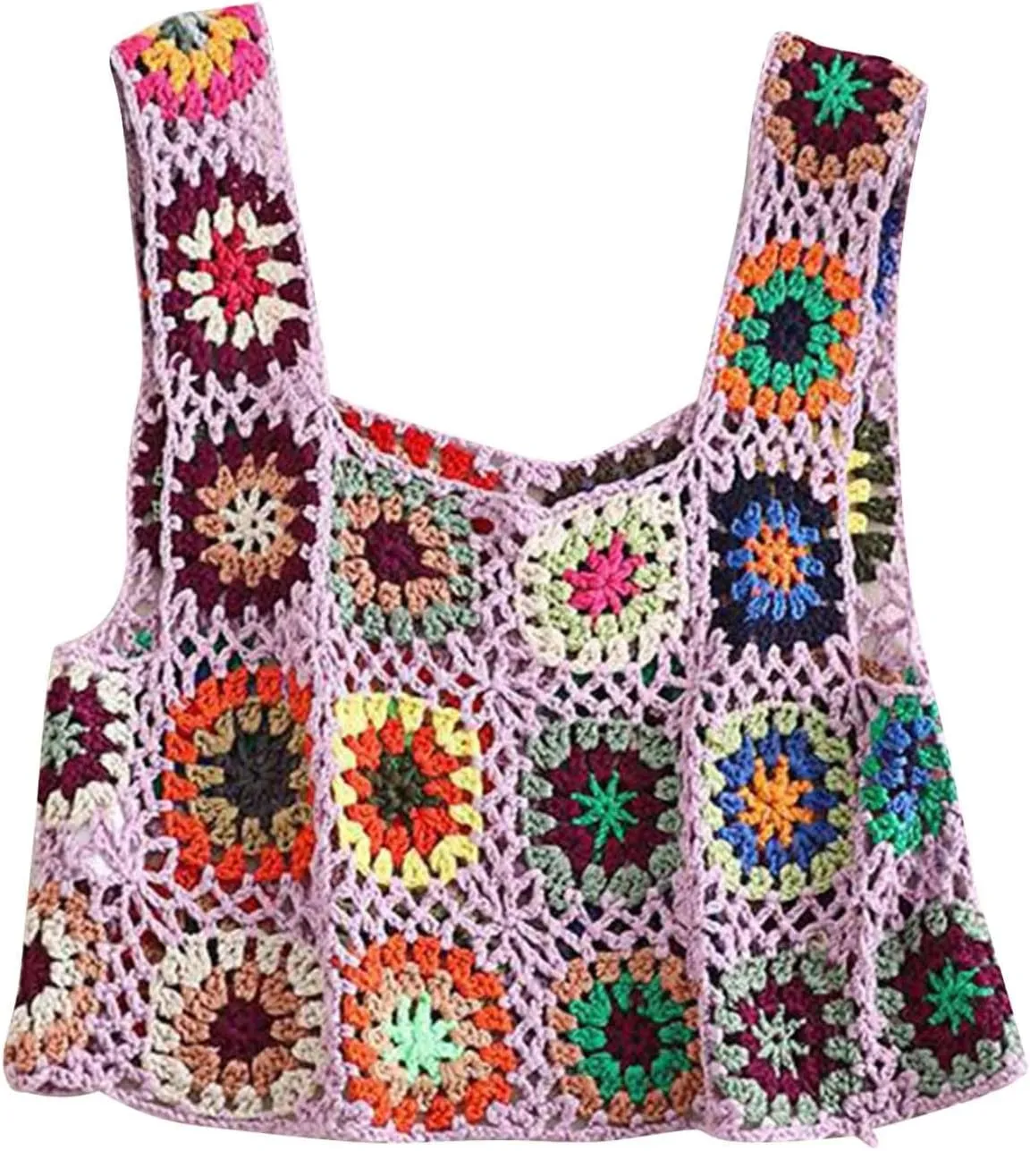 HGps8w Boho Crochet Crop Tank Top for Colorful Floral Embroidery Knit Vest Tops Hollow Out Camisole Beachwear