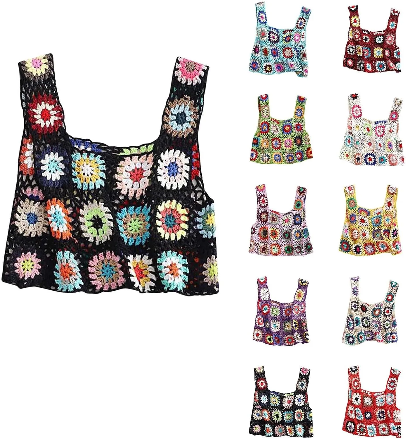 HGps8w Boho Crochet Crop Tank Top for Colorful Floral Embroidery Knit Vest Tops Hollow Out Camisole Beachwear