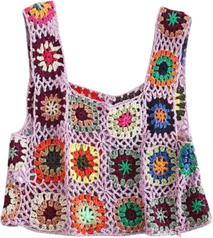 HGps8w Boho Crochet Crop Tank Top for Colorful Floral Embroidery Knit Vest Tops Hollow Out Camisole Beachwear