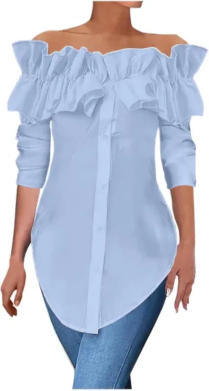 HGps8w Women's Ruffle Off the Shoulder Blouses Fall Dressy Button Down Long Sleeve Shirts Irregualr Hem Business Tunic Tops