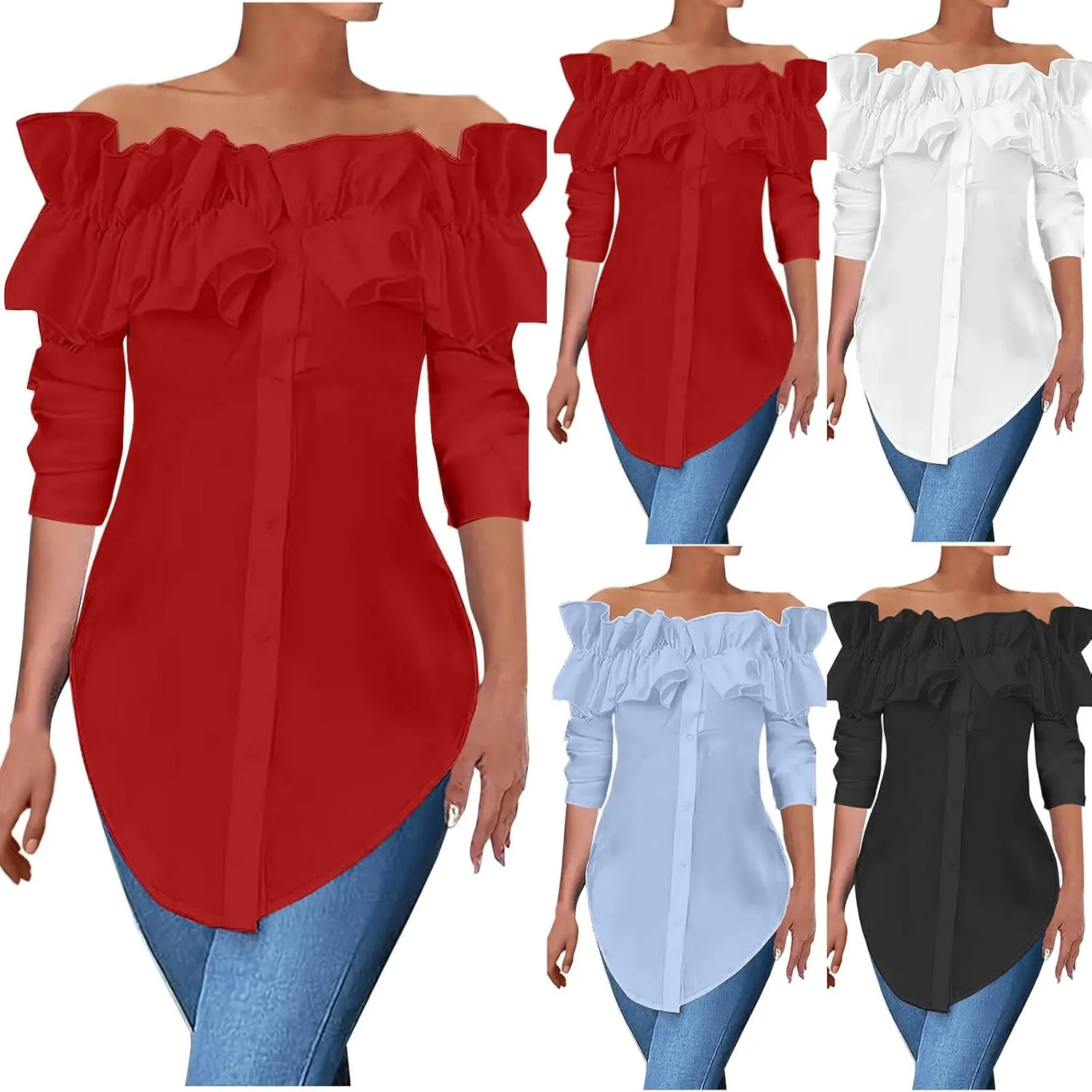 HGps8w Women's Ruffle Off the Shoulder Blouses Fall Dressy Button Down Long Sleeve Shirts Irregualr Hem Business Tunic Tops