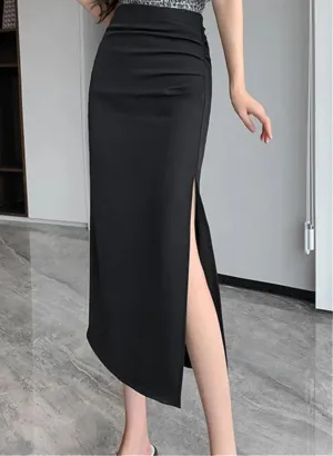 High Waist Side Split Midi Skirt for Women Wrap Hip Skirts Spring Summer Solid Pleated Straight Skirts