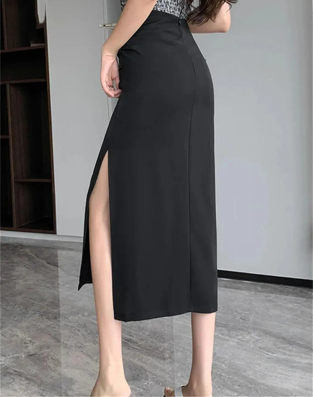 High Waist Side Split Midi Skirt for Women Wrap Hip Skirts Spring Summer Solid Pleated Straight Skirts