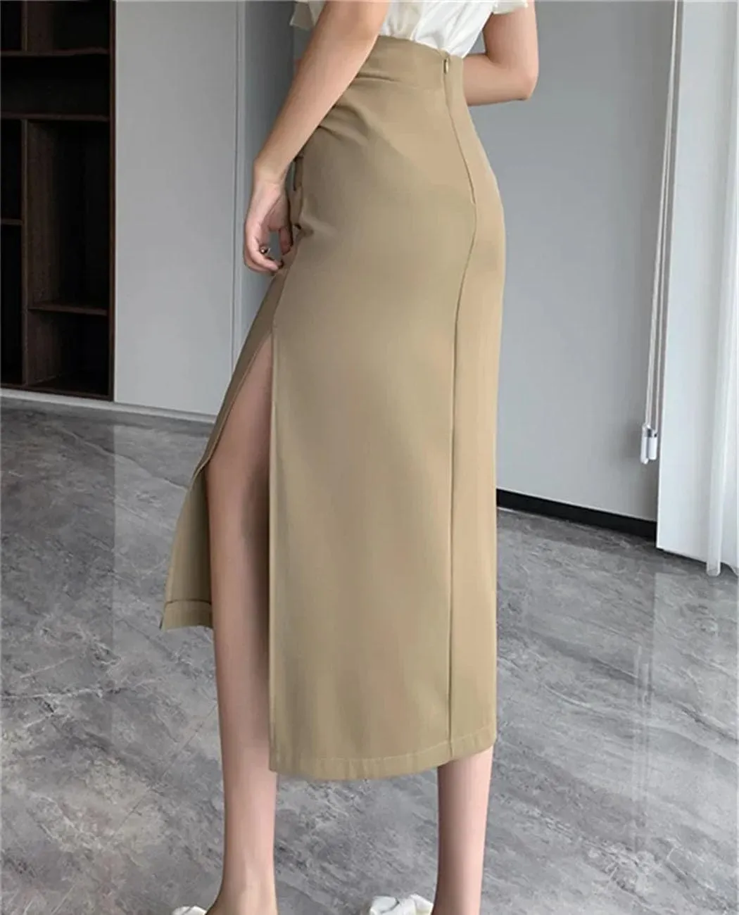 High Waist Side Split Midi Skirt for Women Wrap Hip Skirts Spring Summer Solid Pleated Straight Skirts