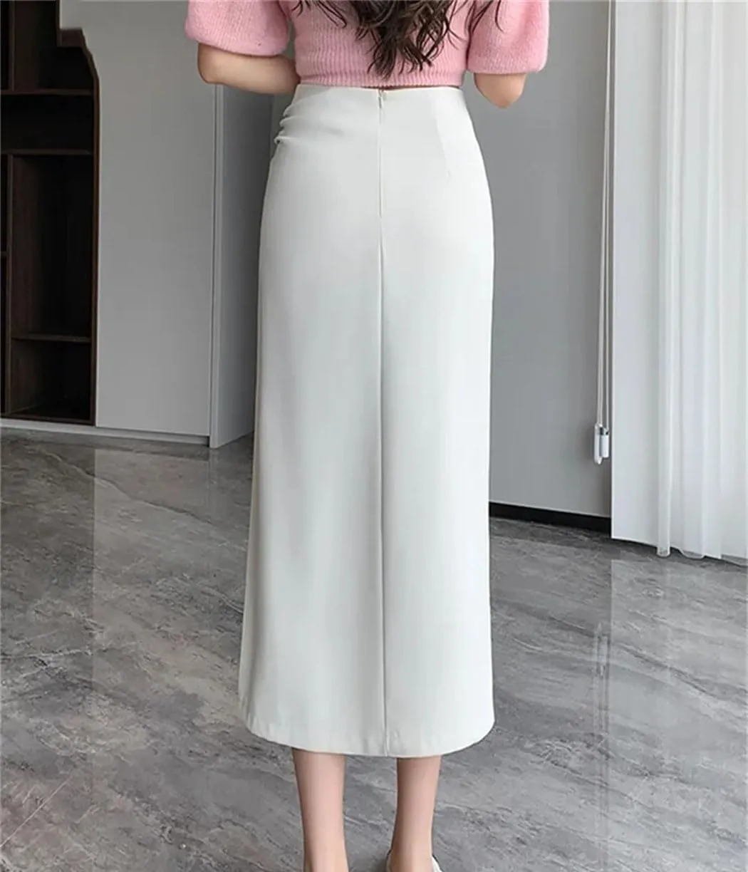 High Waist Side Split Midi Skirt for Women Wrap Hip Skirts Spring Summer Solid Pleated Straight Skirts