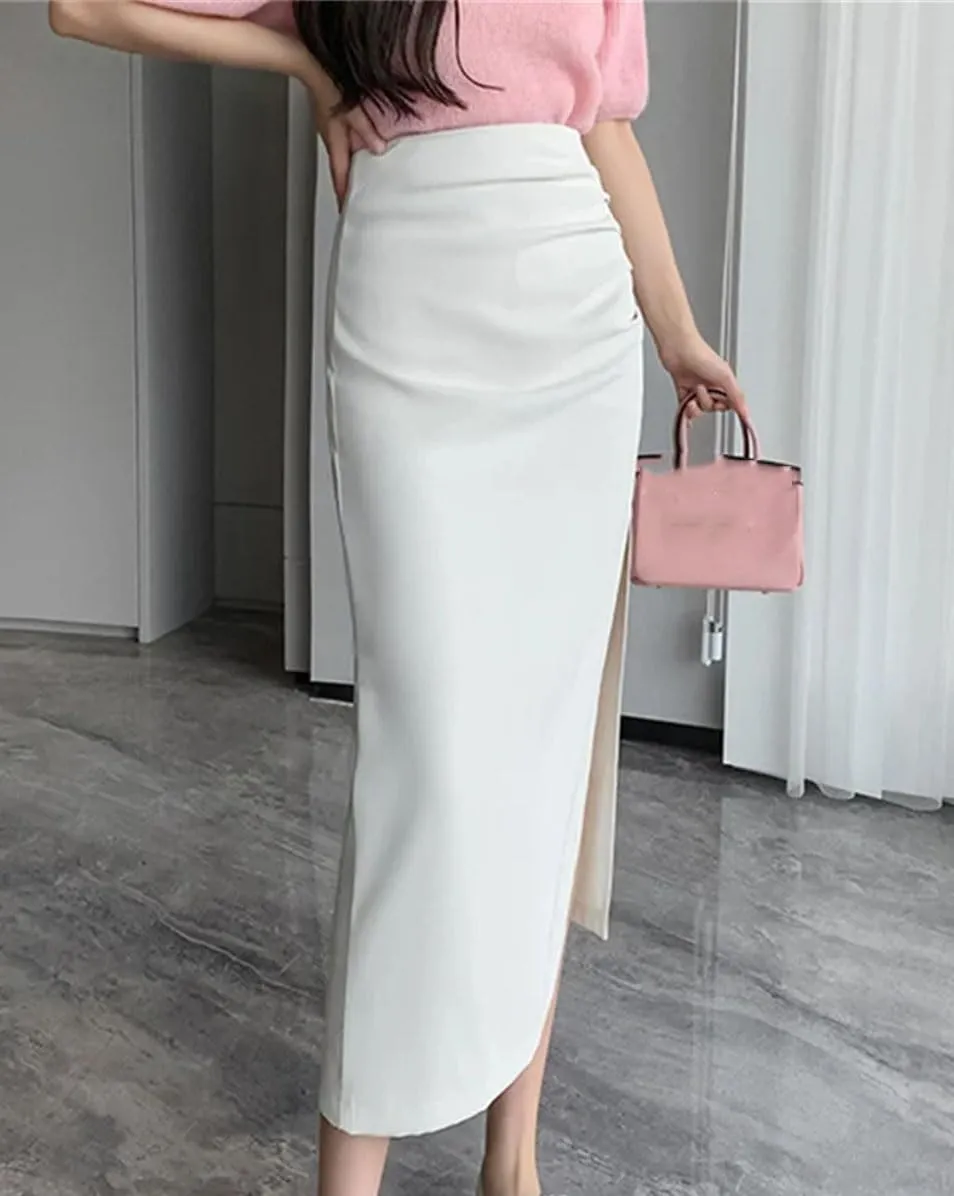 High Waist Side Split Midi Skirt for Women Wrap Hip Skirts Spring Summer Solid Pleated Straight Skirts