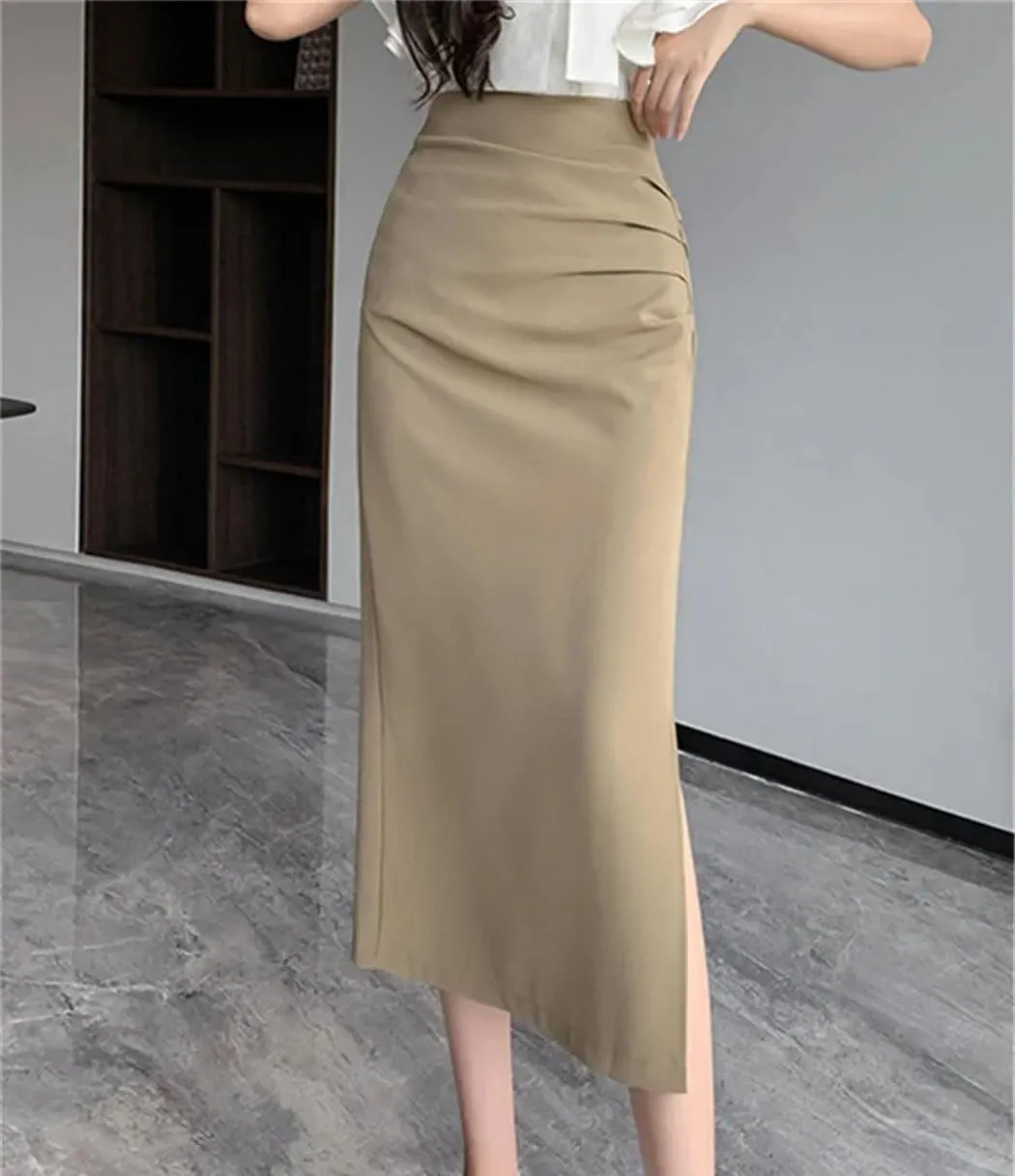 High Waist Side Split Midi Skirt for Women Wrap Hip Skirts Spring Summer Solid Pleated Straight Skirts