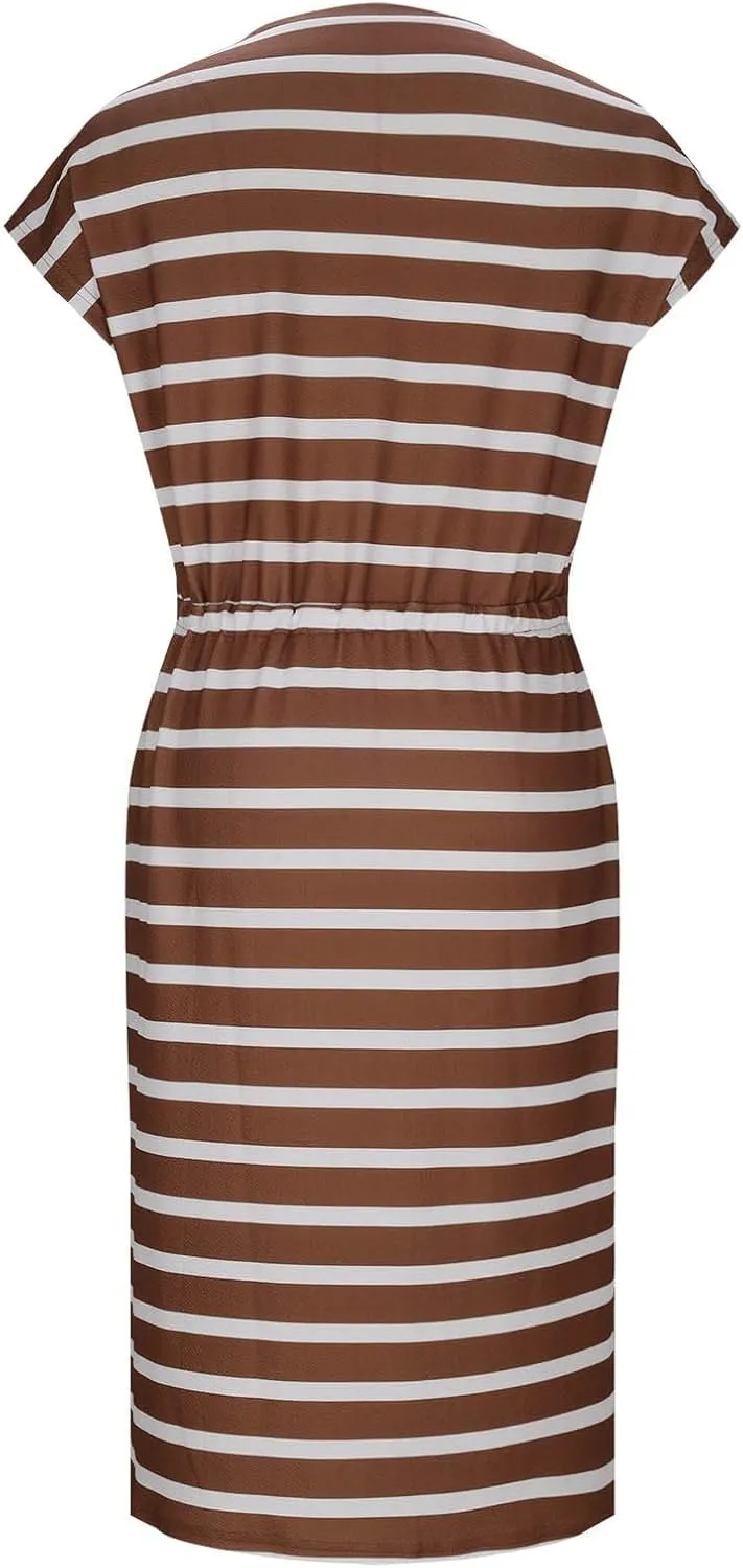 hlysgo Going Out Dresses for Women 2025 Summer Casual Short Sleeve Midi Dress Plus Size Drawstring Waist Stripes Beach Dress