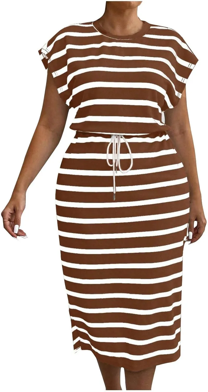 hlysgo Going Out Dresses for Women 2025 Summer Casual Short Sleeve Midi Dress Plus Size Drawstring Waist Stripes Beach Dress