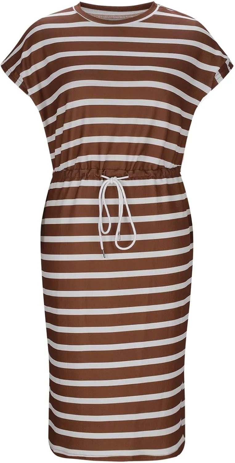 hlysgo Going Out Dresses for Women 2025 Summer Casual Short Sleeve Midi Dress Plus Size Drawstring Waist Stripes Beach Dress