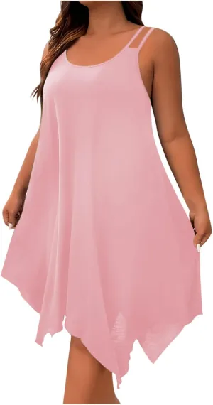 hlysgo Plus Size Dress for Women 2025 Summer Sleeveless V Neck Mini Dresses Casual Loose Fit Handkerchief Hem Short Sundress