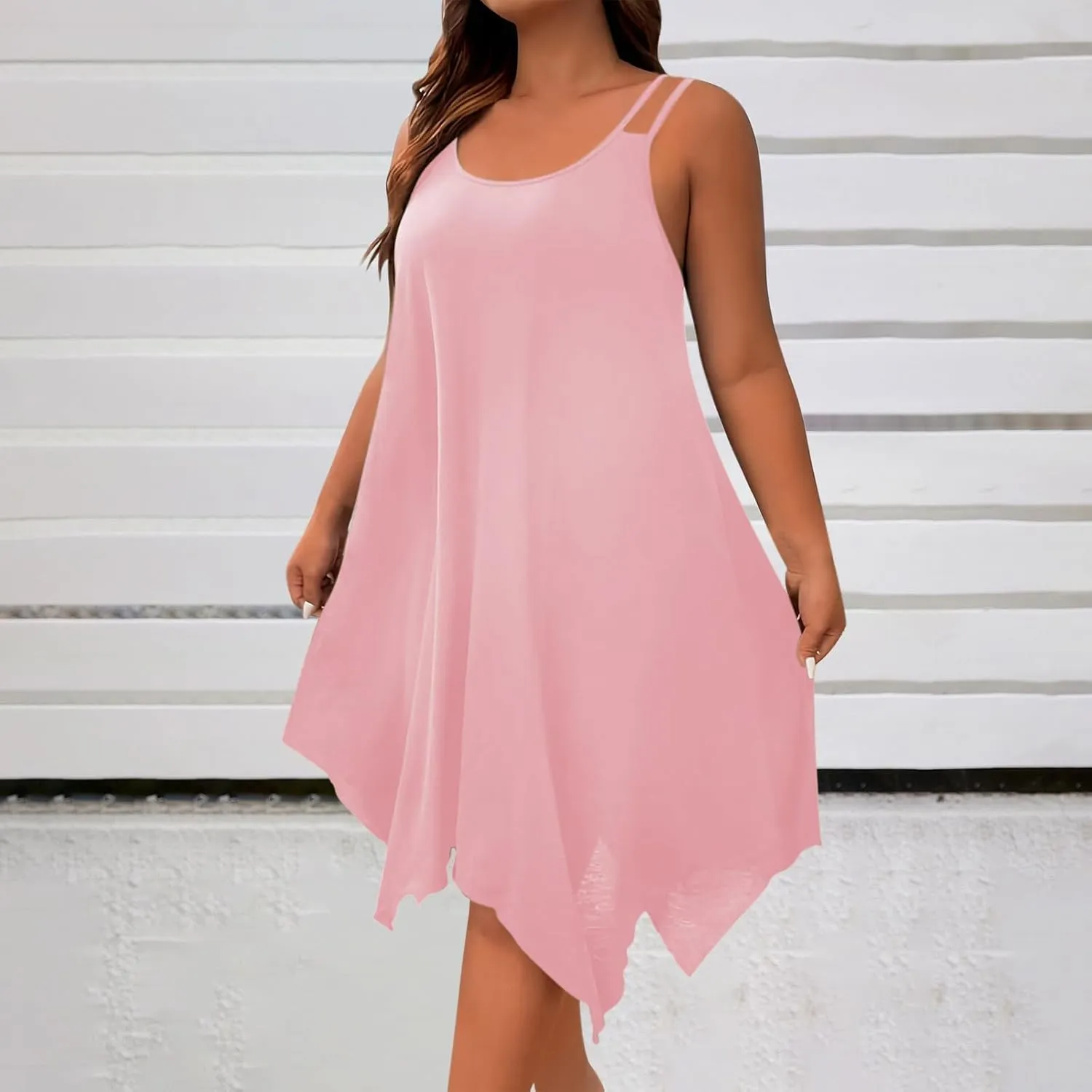 hlysgo Plus Size Dress for Women 2025 Summer Sleeveless V Neck Mini Dresses Casual Loose Fit Handkerchief Hem Short Sundress