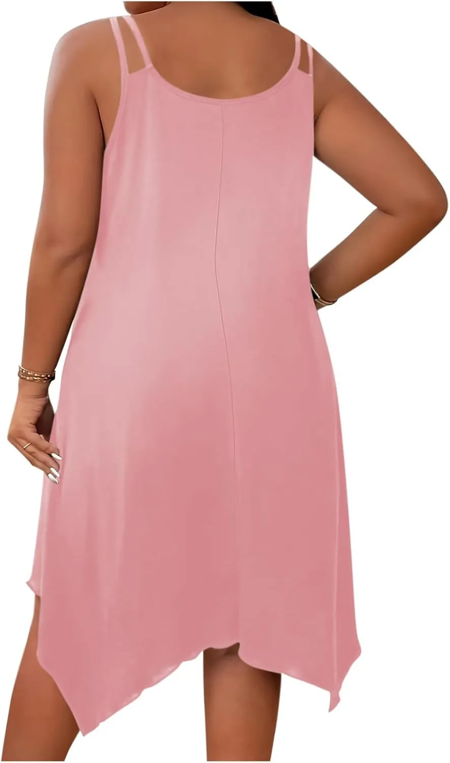 hlysgo Plus Size Dress for Women 2025 Summer Sleeveless V Neck Mini Dresses Casual Loose Fit Handkerchief Hem Short Sundress
