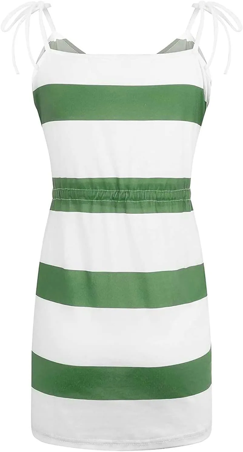hlysgo Sundresses for Women 2025 Summer Casual Sleeveless V Neck Mini Dresses Drawstring Waist Stripes Dress with Pockets
