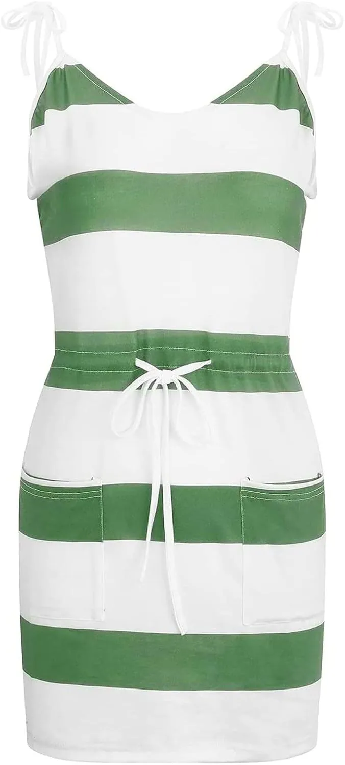 hlysgo Sundresses for Women 2025 Summer Casual Sleeveless V Neck Mini Dresses Drawstring Waist Stripes Dress with Pockets