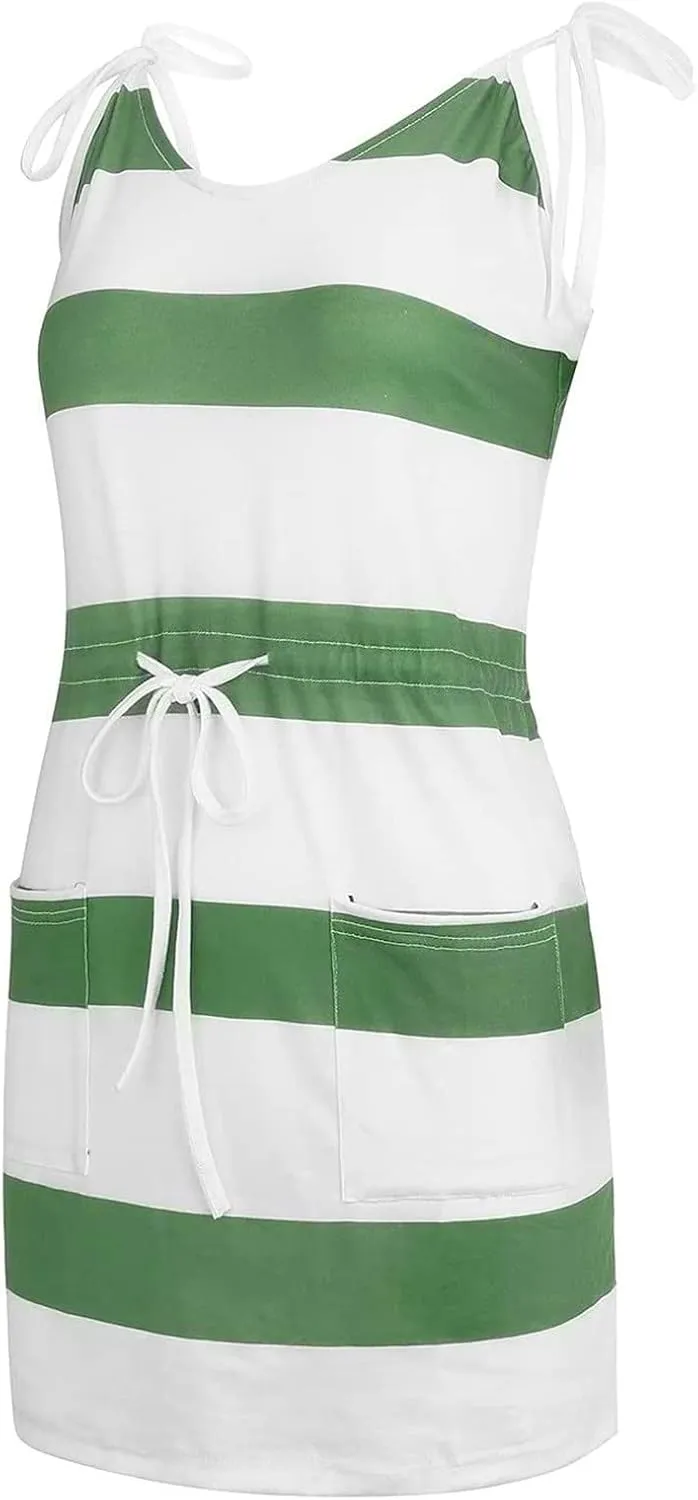 hlysgo Sundresses for Women 2025 Summer Casual Sleeveless V Neck Mini Dresses Drawstring Waist Stripes Dress with Pockets