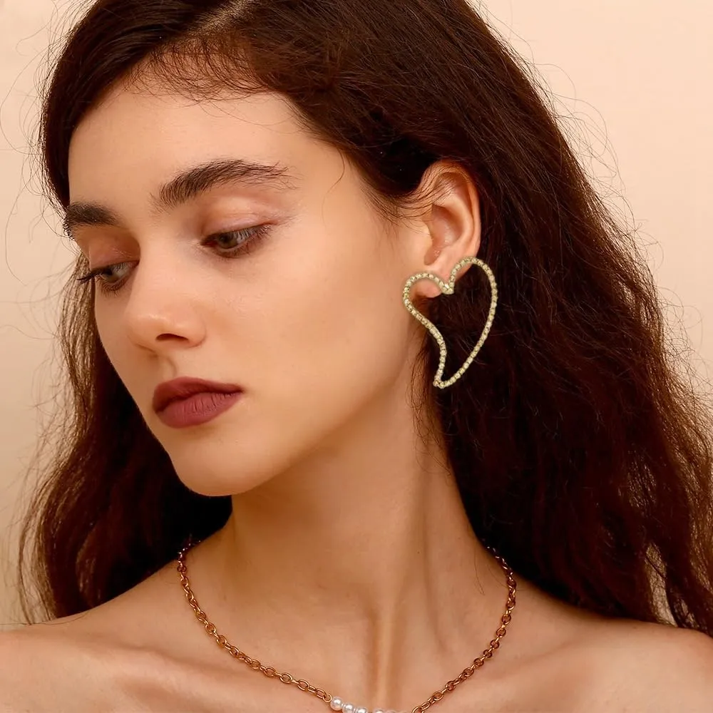 Hollow Sparkly Rhinestone Love Hearts Stud Earrings for Women Valentines Day Dangle Earrings Minimalist Large Geometric Studs Earrings Fashion Jewelry