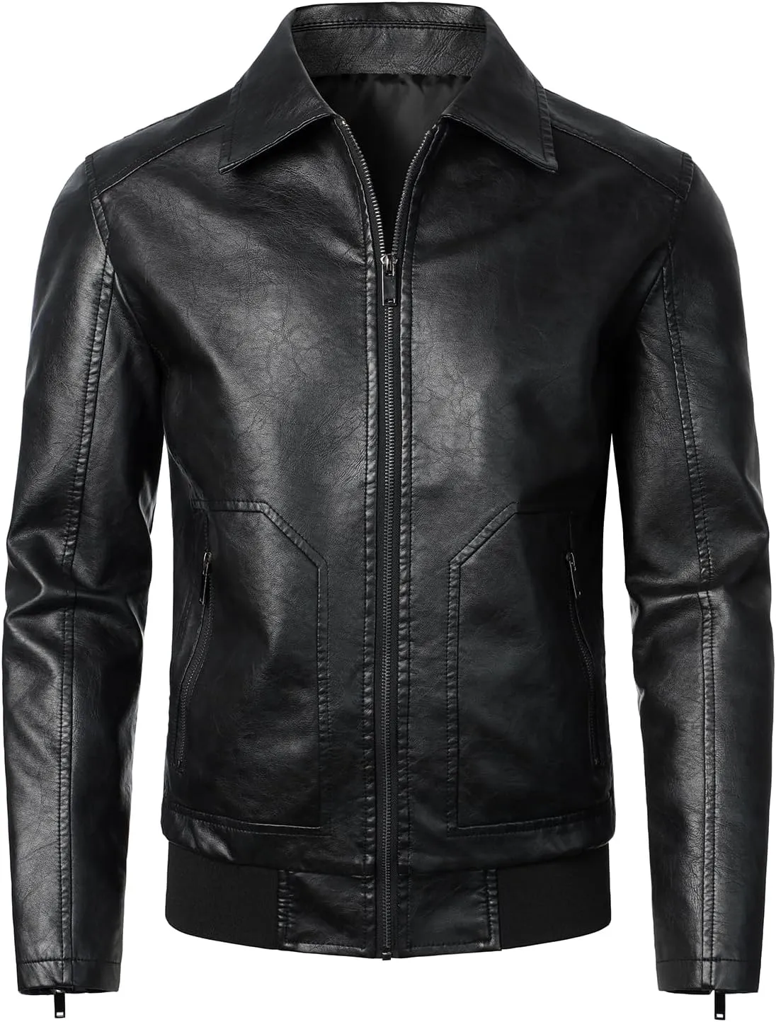 HOOD CREW Mens Faux Leather Bomber Jacket Classic Style Motorcycle Jackets