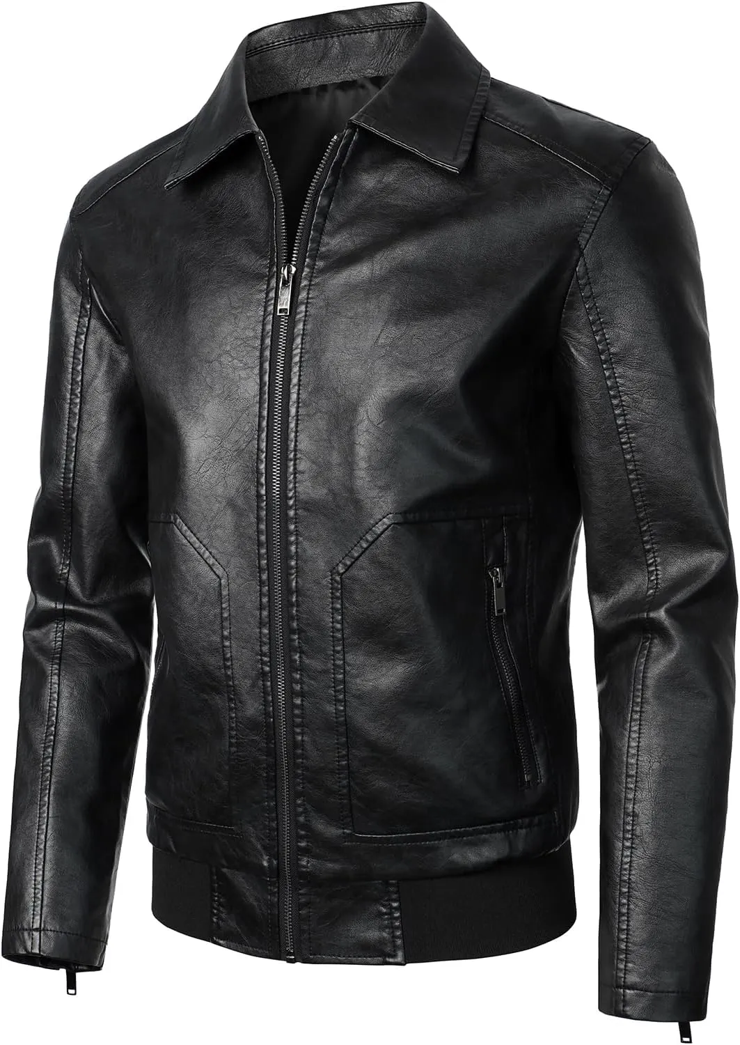 HOOD CREW Mens Faux Leather Bomber Jacket Classic Style Motorcycle Jackets
