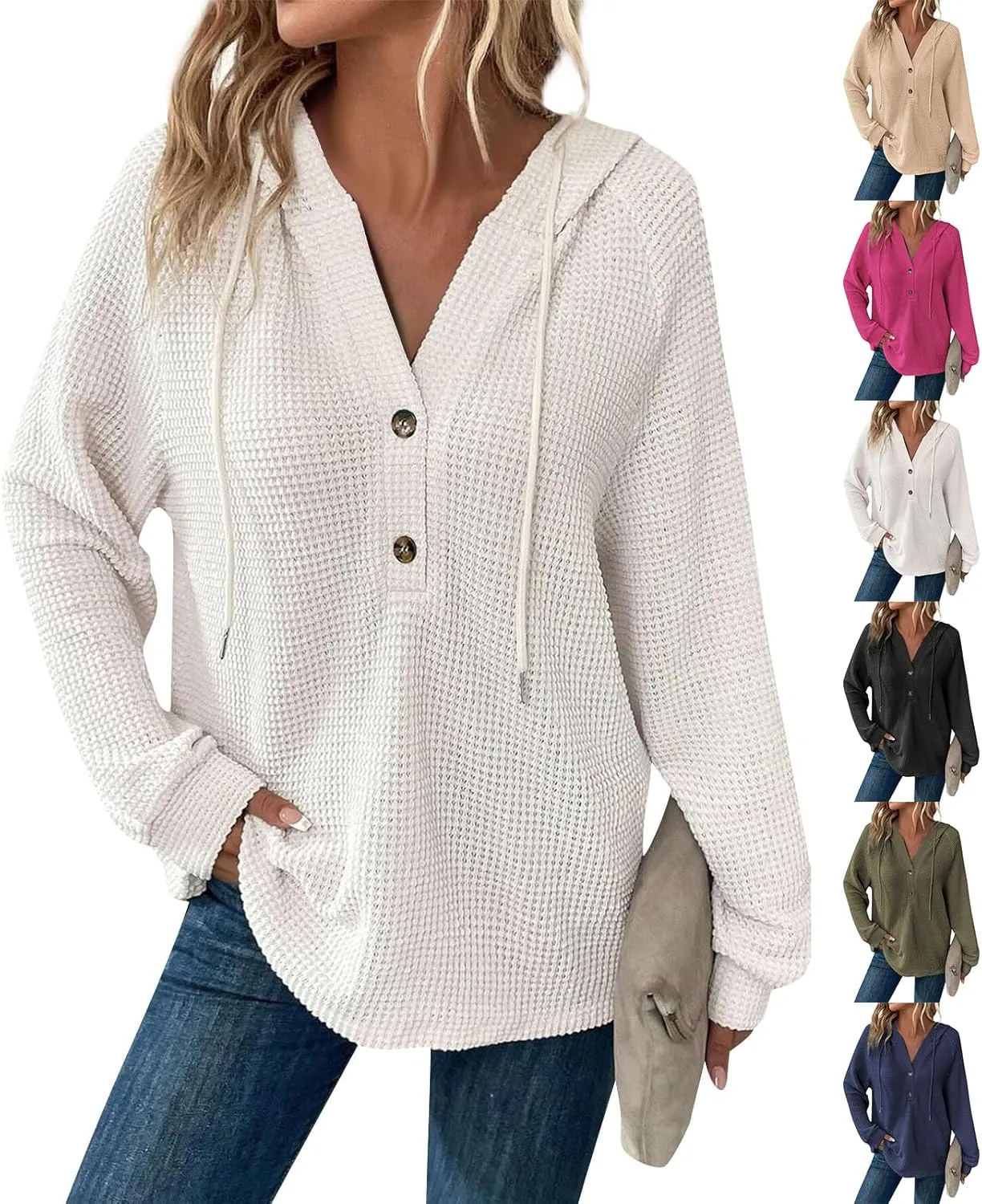 Hoodies for Women Waffle Knit Drawstring Button V Neck Hooded Oversized Sweatshirt Casual Comfy Pullover Sweater